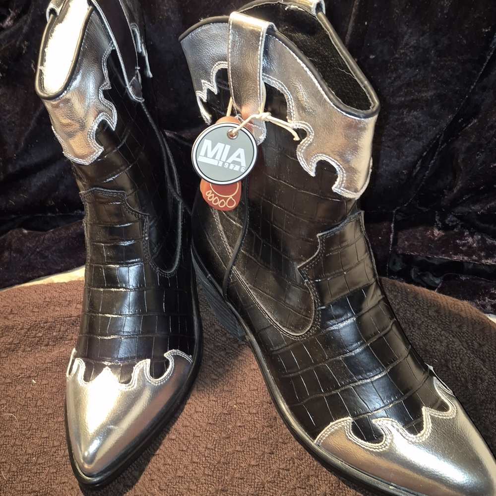 MIA Metallic Silver and Black Croc Ankle Booties